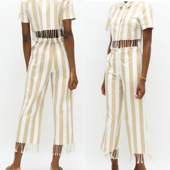 NWT STAUD Zuma Striped Linen Cotton Straight-Leg Fringe Trousers - Picture 2 of 10